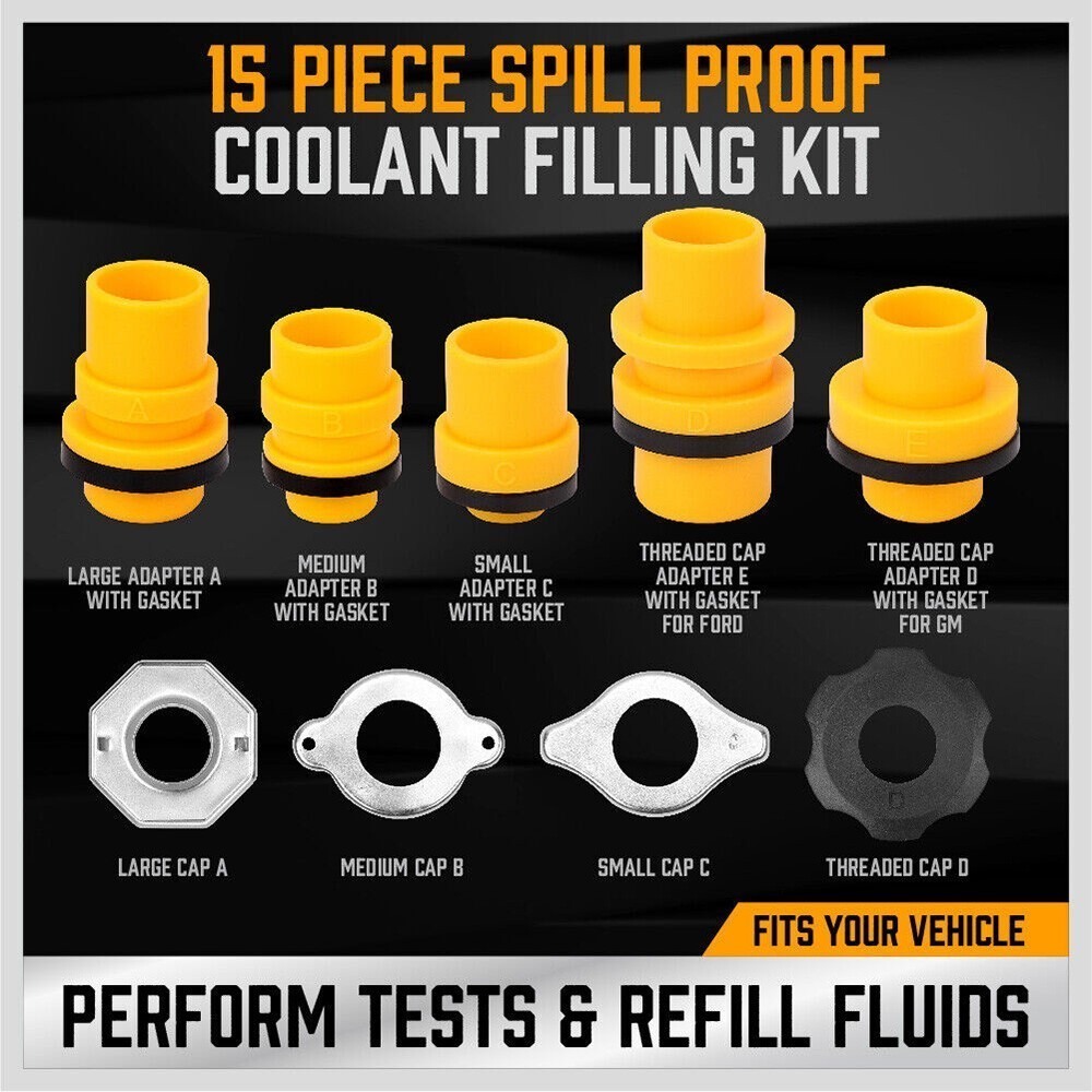 Spill Proof Radiator Coolant Filling Funnel Kit 15-pcs Cooling System fill kit