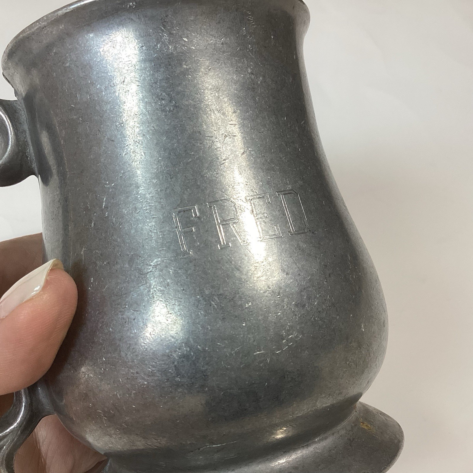 Vtg Pewter Beer Mug Stein Tankard Barware Renfaire Decor 4.5” Engraved “Fred”