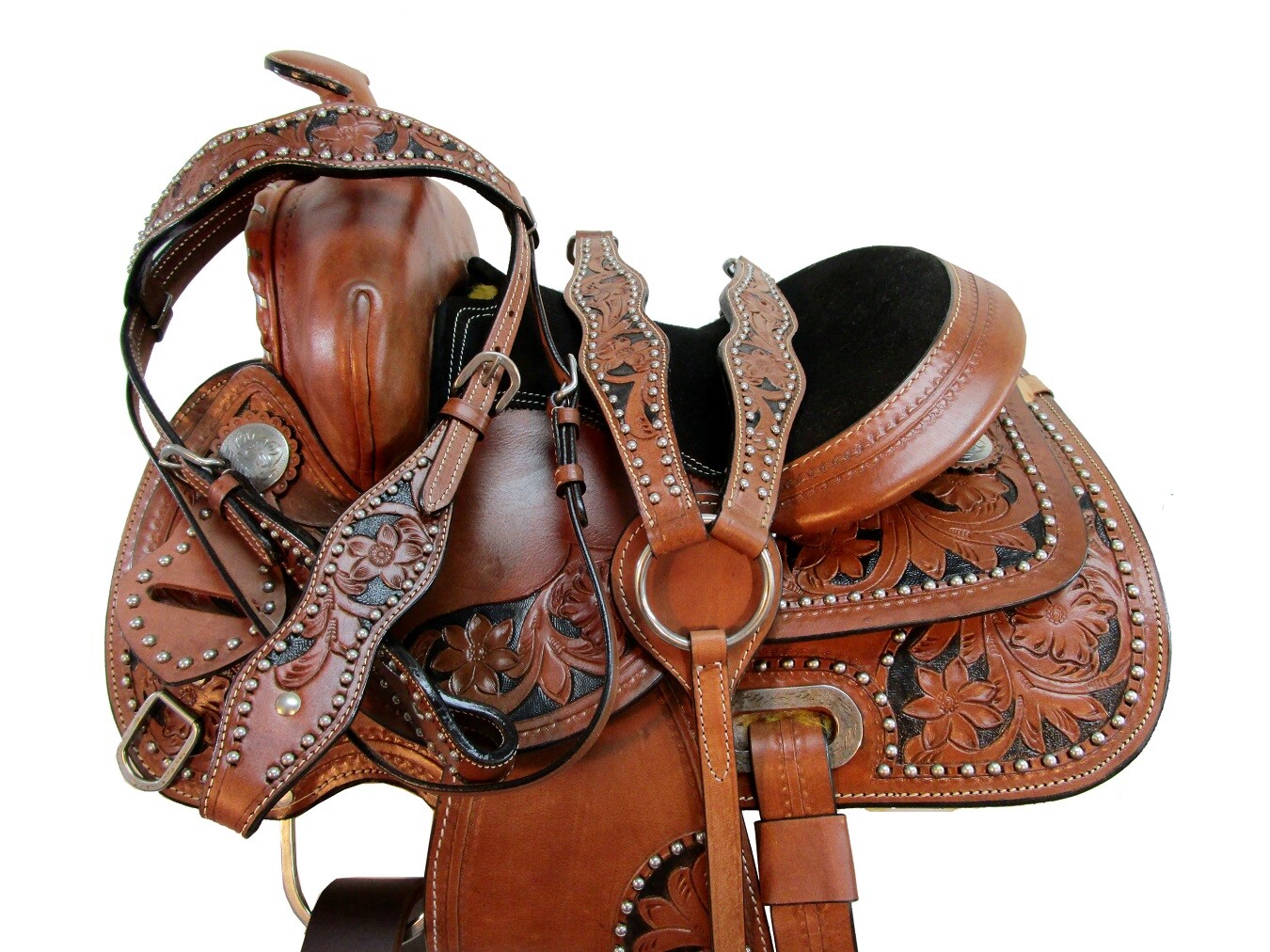 WESTERN BARREL SADDLE YOUTH KIDS PLEASURE TOOLED LEATHER HORSE TACK SET 12 13