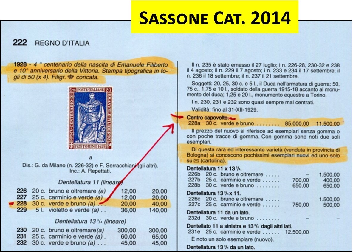 ITALY 1928 - FASCIST ERA MISPRINTED STAMP - Scott #203a with IMAGE INVERTED /223