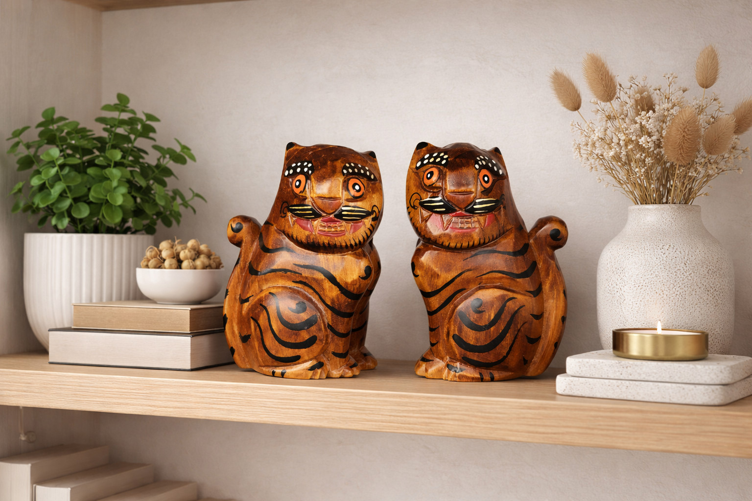 Handmade Korean Folk Art Wooden Tiger Home Decor Sculpture Set of 2 Gift