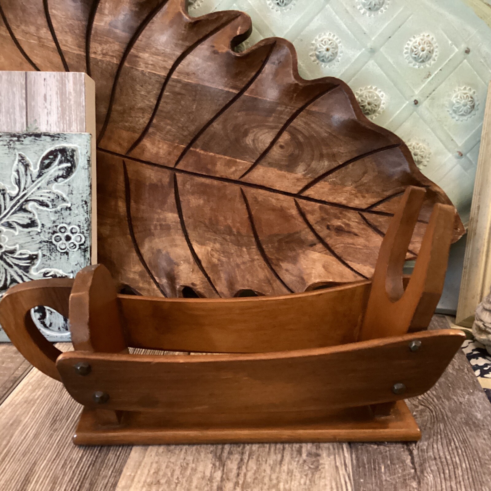 Mid Century Modern wood wine holder pourer with handle groovy Caddy Holder Gift