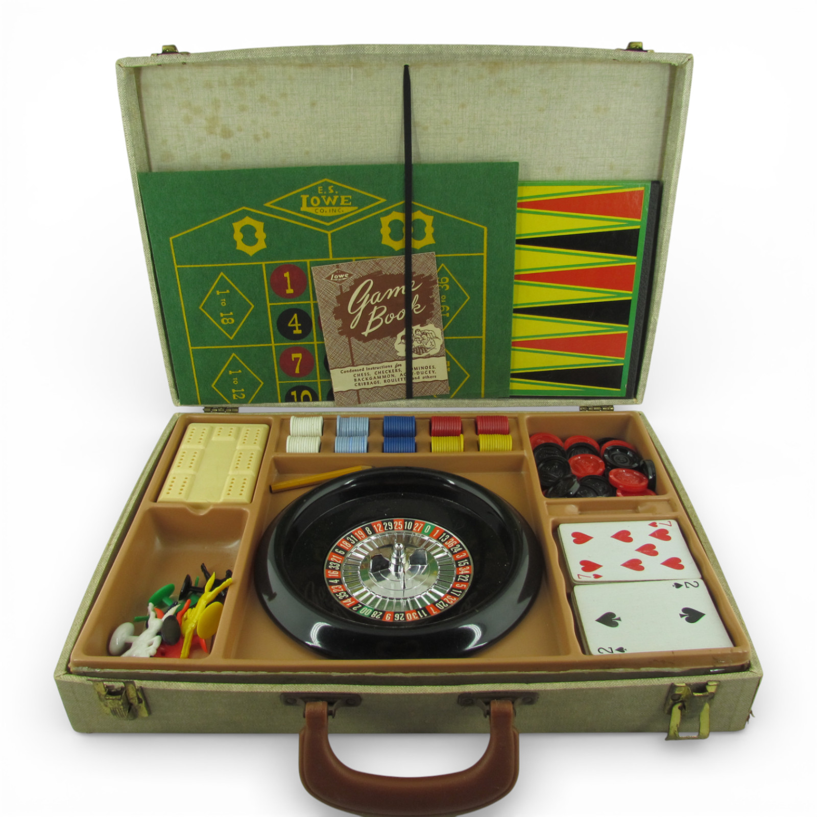 Vintage E.S. Lowe Casino Game Set Roulette Backgammon Board Cards USA Case