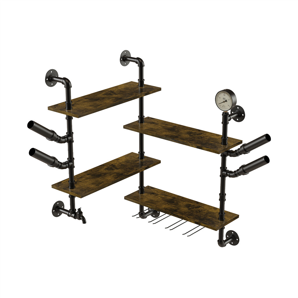 Industrial Pipe Bar Wall Liquor Shelf Floating Shelves with Wine Glass Holder