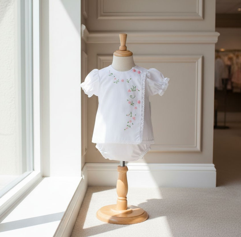 NWT Will'beth White Pink Grn Baby Girls Lace Side Button Diaper Set Preemie 00