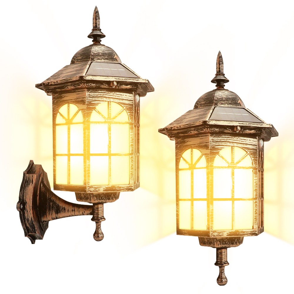 2PCS Solar Wall Lantern Light Dusk To Dawn LED Sconce Lamp Porch Outdoor Lamp