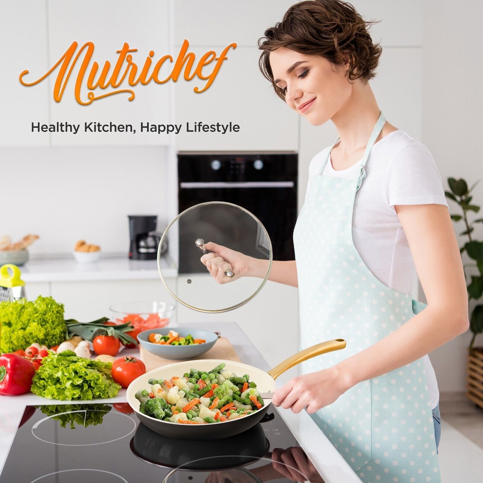 Nutrichef 12'' Large Fry Pan w/ Lid- Non-stick Silicone Handle NCHGLDX12