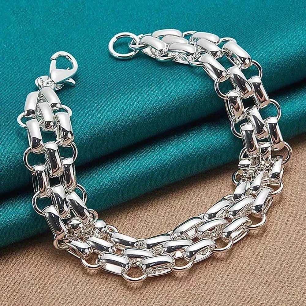 Sterling Silver Women Lnterlocking Circle Bracelet Chain Fashion Jewelry....