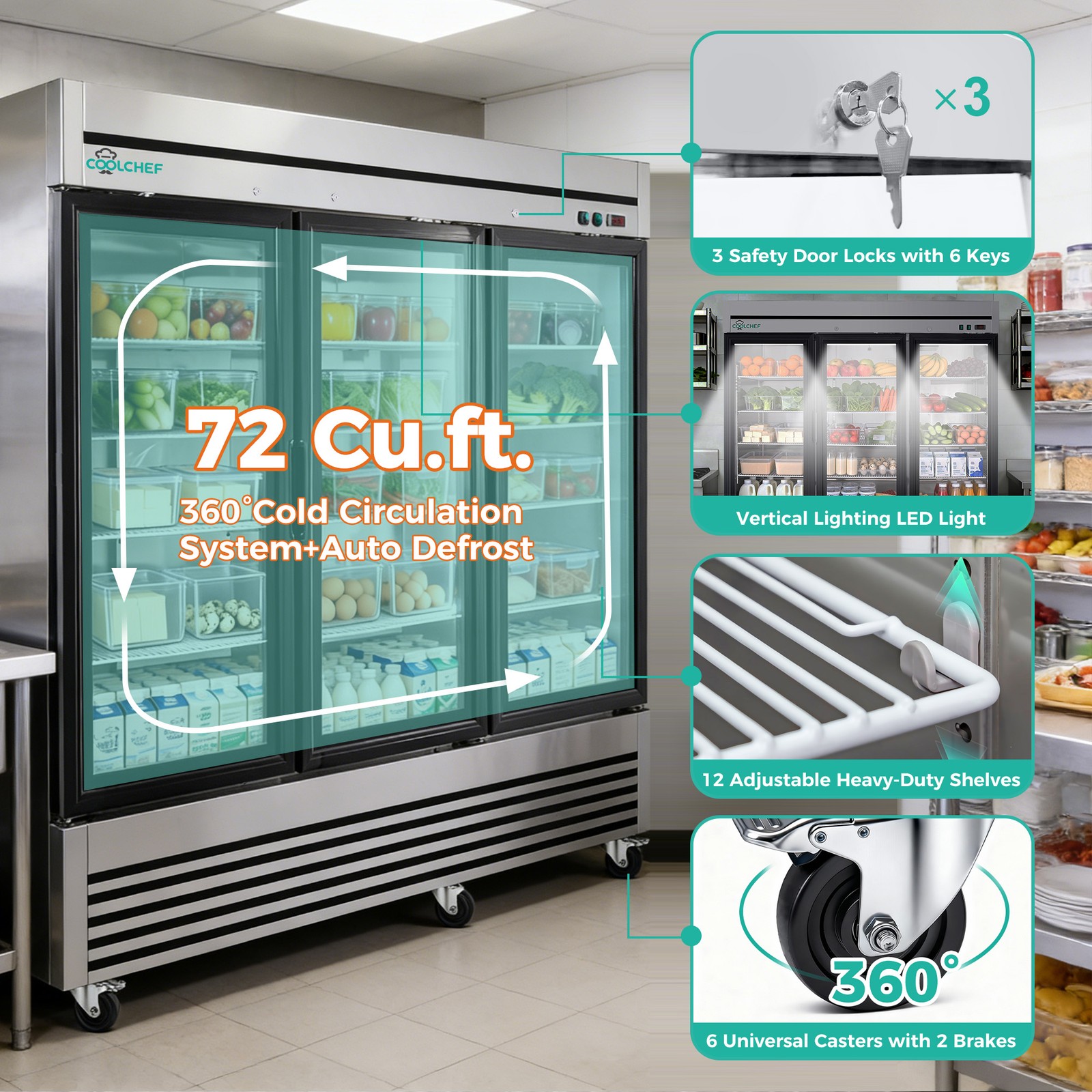 72 Cu. Ft Commercial Glass Door Refrigerator Triple-Door Merchandiser Cooler