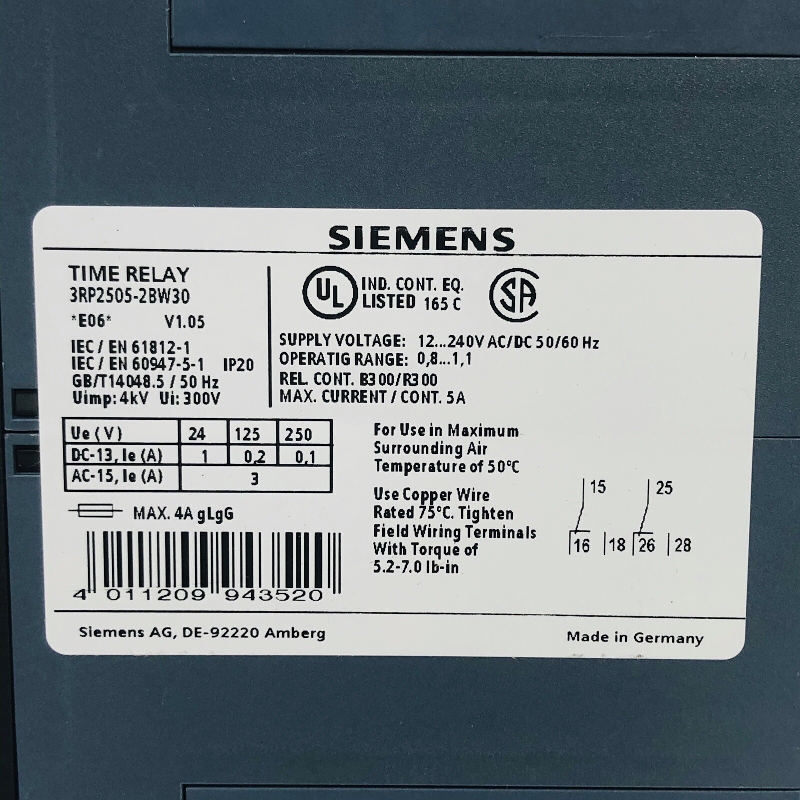 SIEMENS SIRIUS TIME RELAY 3RP2505-2BW30 , 12-240V AC/DC50/60HZ
