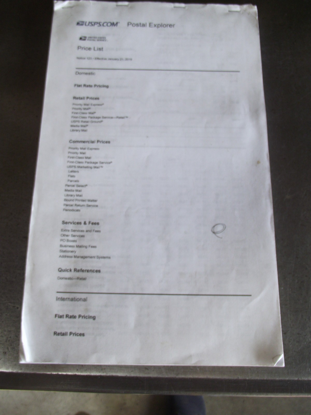 USPS Printed Postal Explorer Price List Notice 123 - 1/21/2018 - 124 Legal Pages