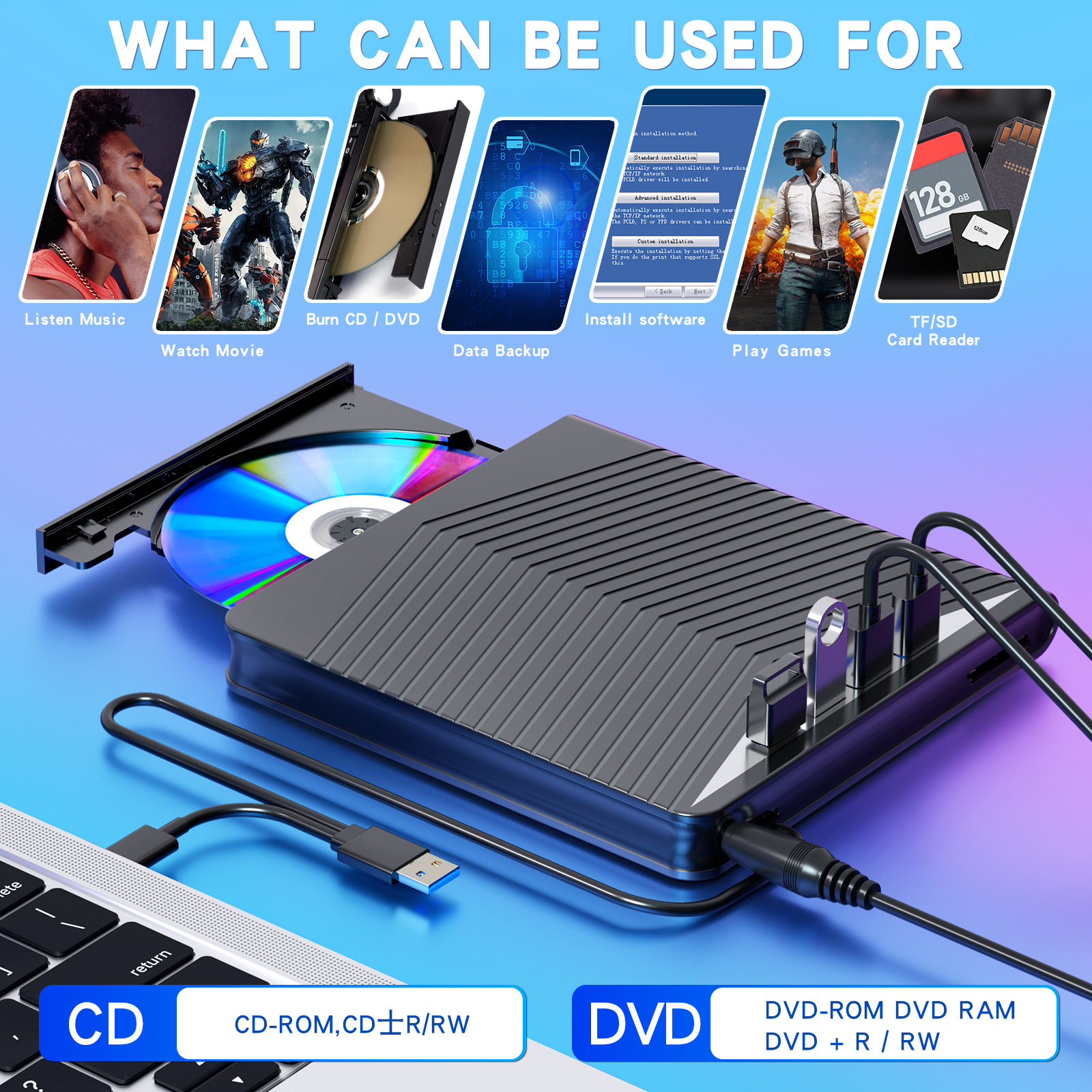 External CD DVD Drive for PC Laptop Windows 11 10 USB 3.0 Burner Reader Writer