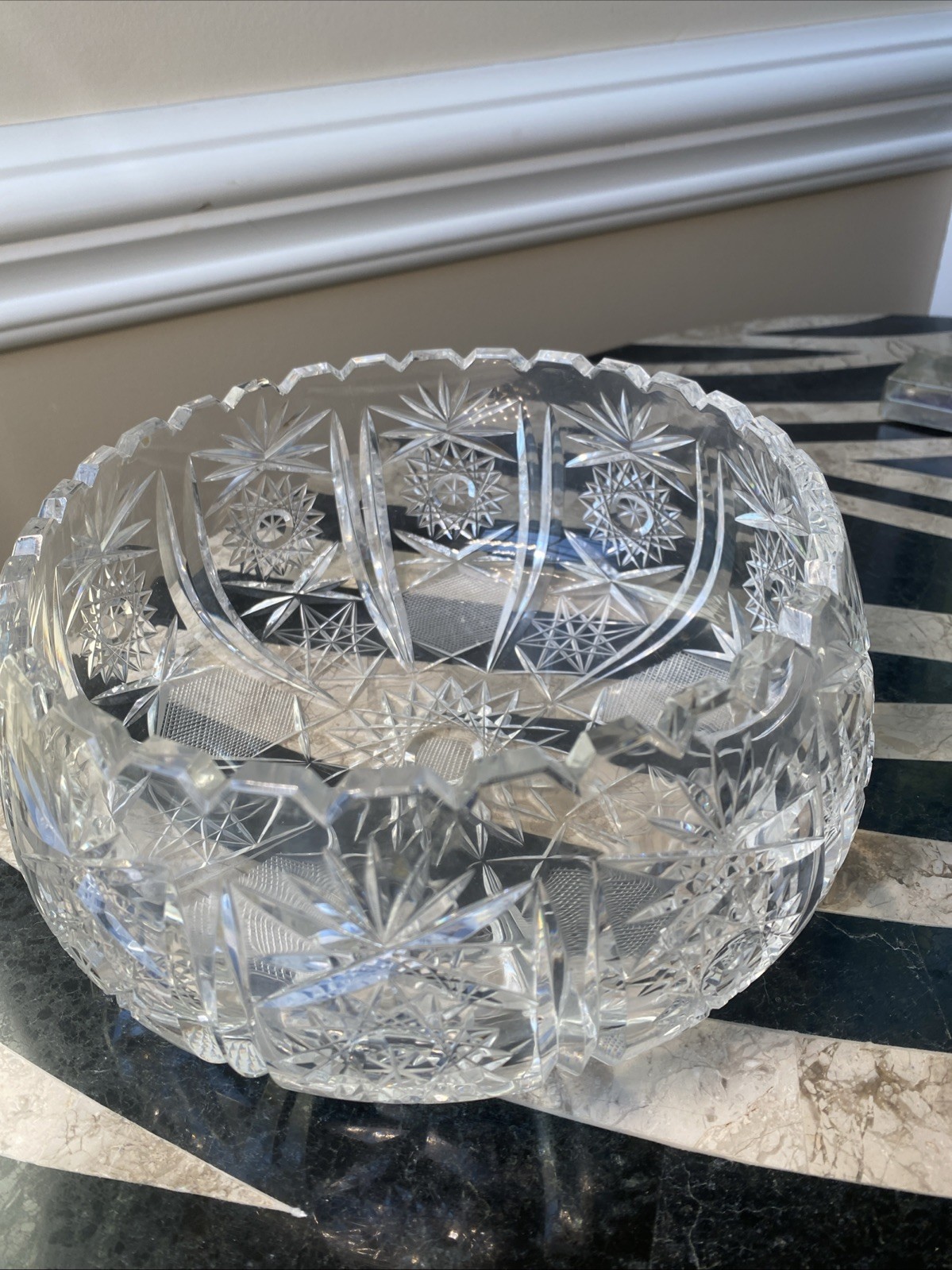 Vintage Hand-Cut ABP Crystal Bowl 8” Starburst & Fan Pattern Brilliant Sparkle