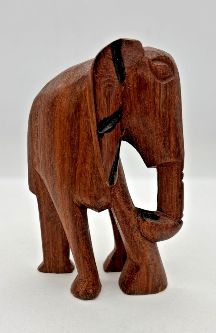 Vintage Hand Carved Wooden Elephant Figurine Rosewood Primitive Africa 5.5"H