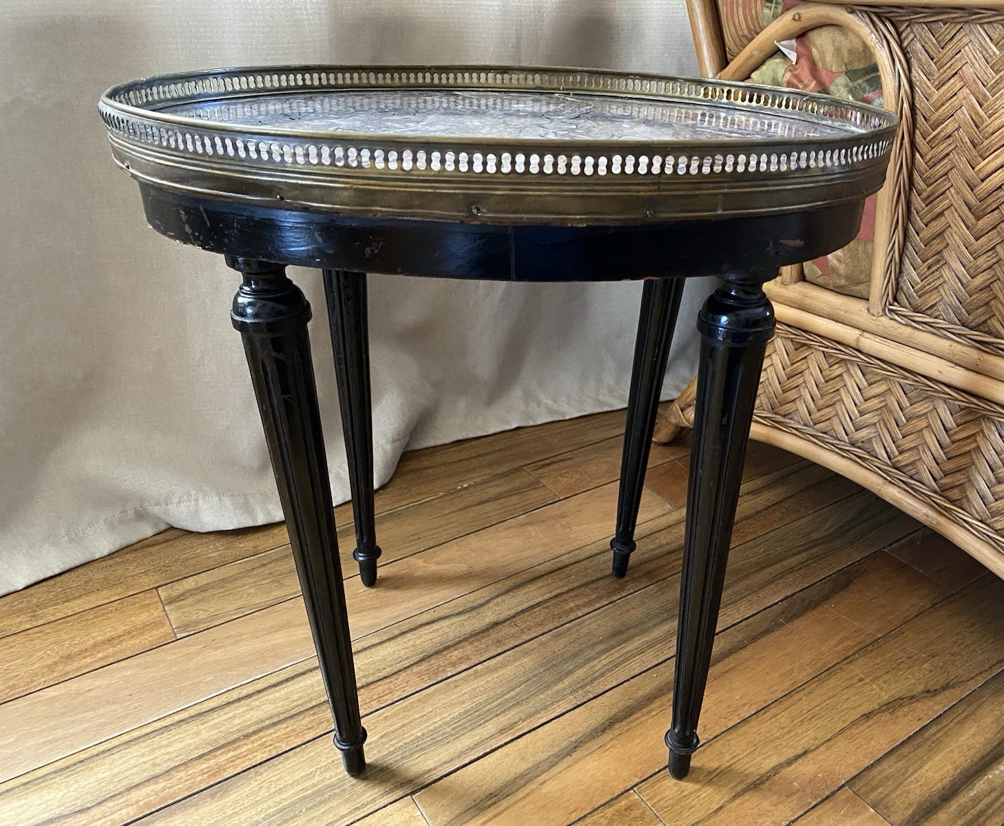 FRENCH Louis XVI Style Small Bouillotte Marble Top And Brass Edge Side Table