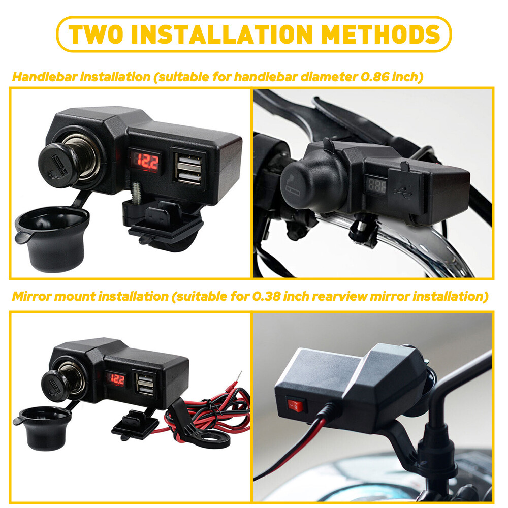 Motorcycle Handlebar Cigarette Lighter Socket Dual Charger USB W/ LED Voltmeter