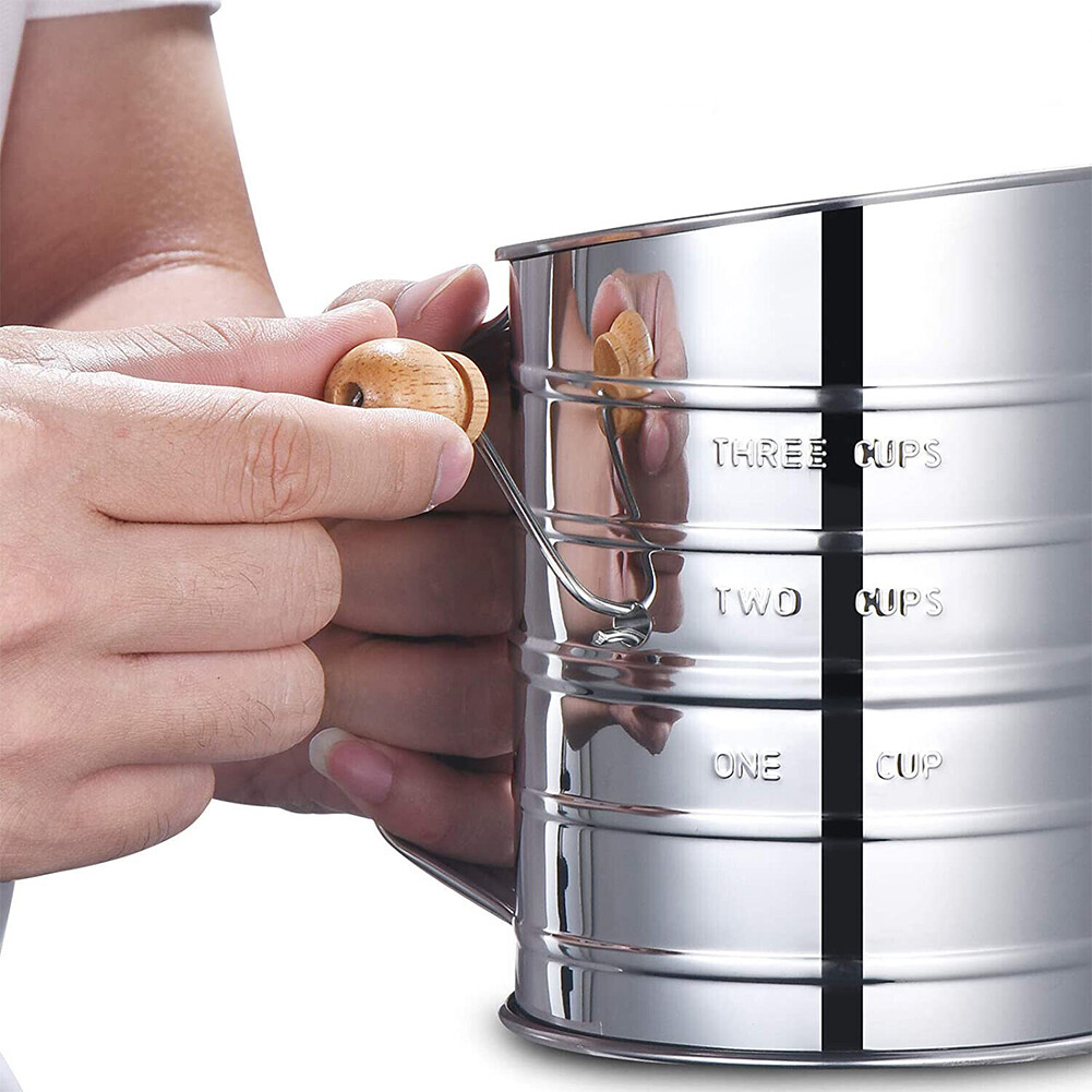 US 1-2 Pc Stainless Steel Flour Sifter Fine Mesh Rotary Hand Crank Wire Agitator