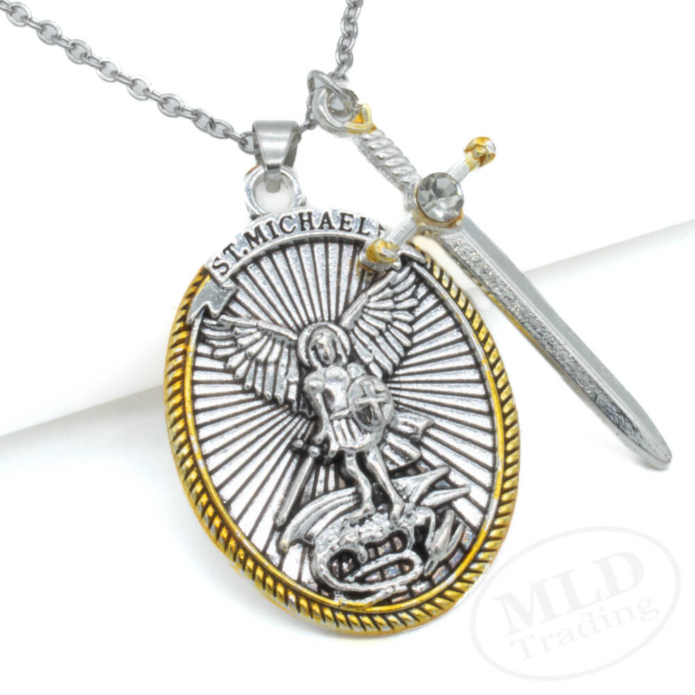 Saint St Michael Pendant Necklace, Oval Silver-Gold, Sword Charm, Ephesians 6:10