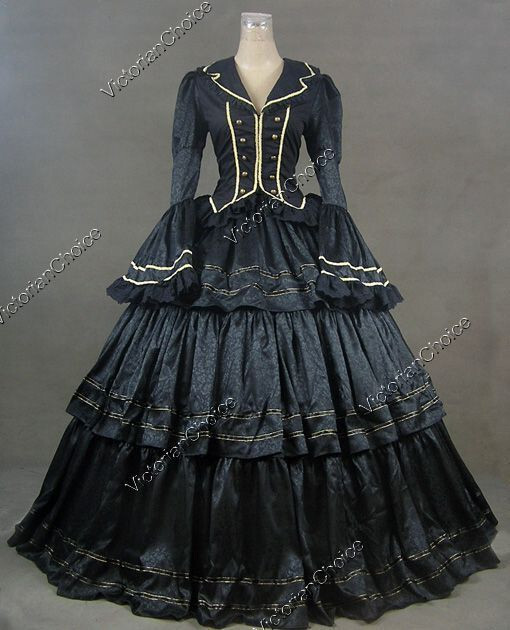 Black Victorian Civil War Brocade Dress Ruffle Skirt Ball Gown Gothic Costum 188