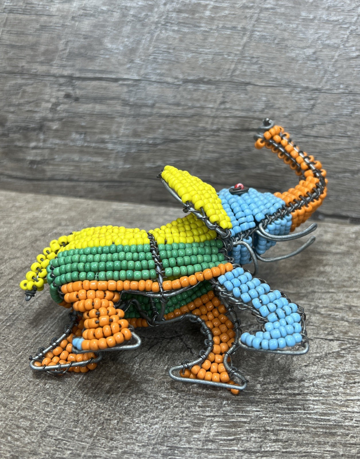 Handcrafted Elephant Beaded Wire Sculpture with Trunk Up for Good Luck Sculpture