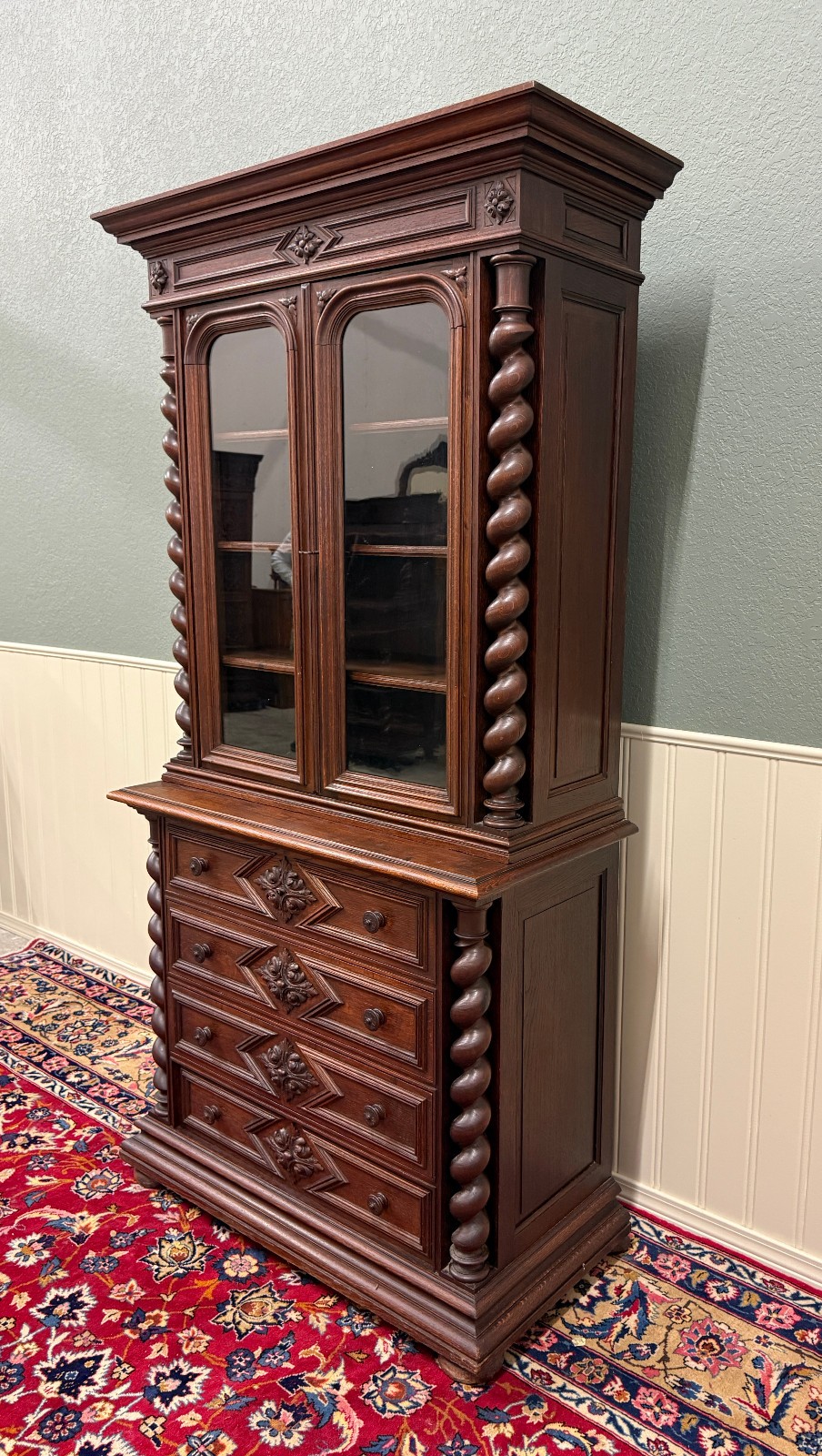 Antique French Bookcase & Chest of Drawers Display Cabinet Barley Twist Oak