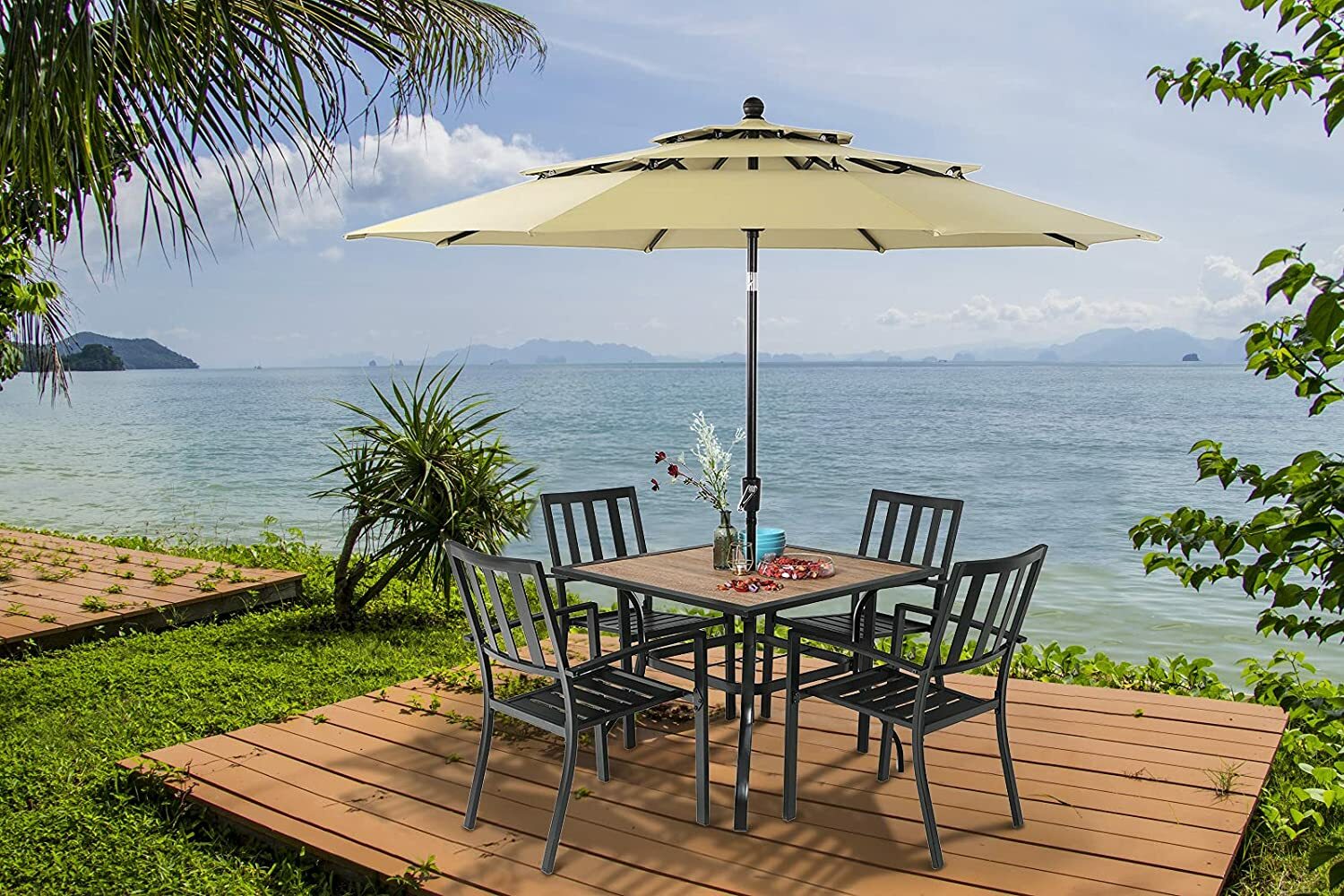 37 " Outdoor Patio Dining Table Garden Metal Table Furniture with Umbrella Hole