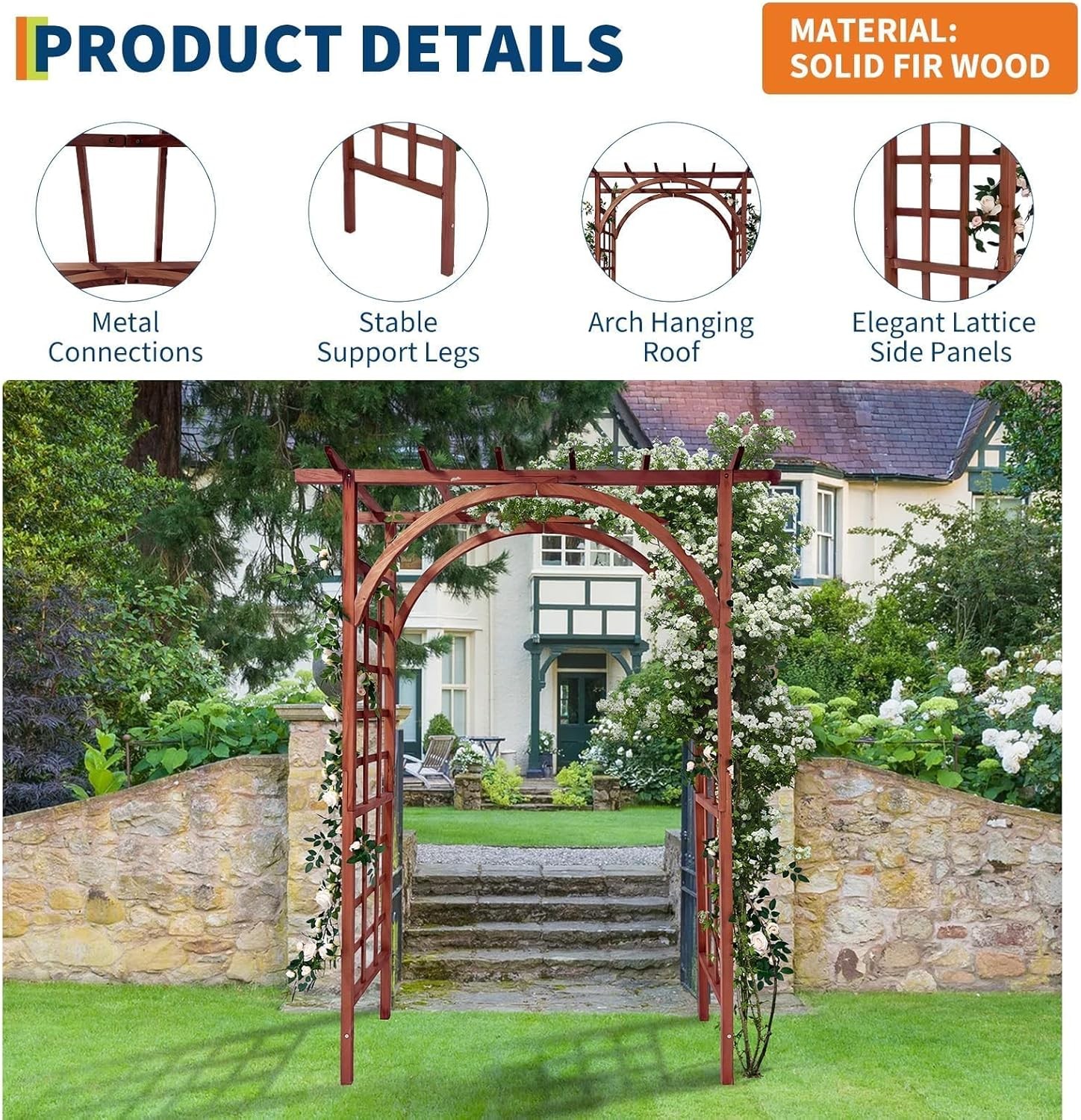 7 ft Wooden Garden Arbor Arch Trellis w/ Arched and Flat Top for Outdoor Walkway