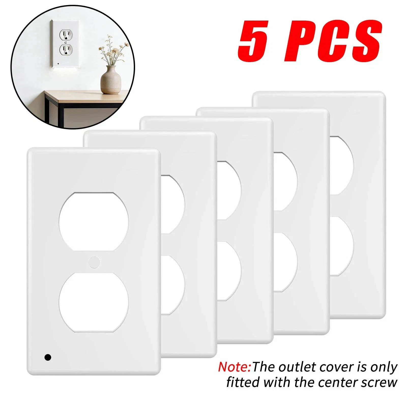 5 Pack Outlet Cover Built-In LED Night Light Bulbs Wall Plate Rounded Receptacle