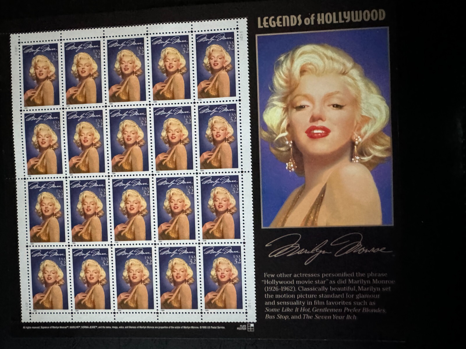 Scott #2967 Marilyn Monroe Legends of Hollywood Pane of 20 32¢ Stamps (1995)