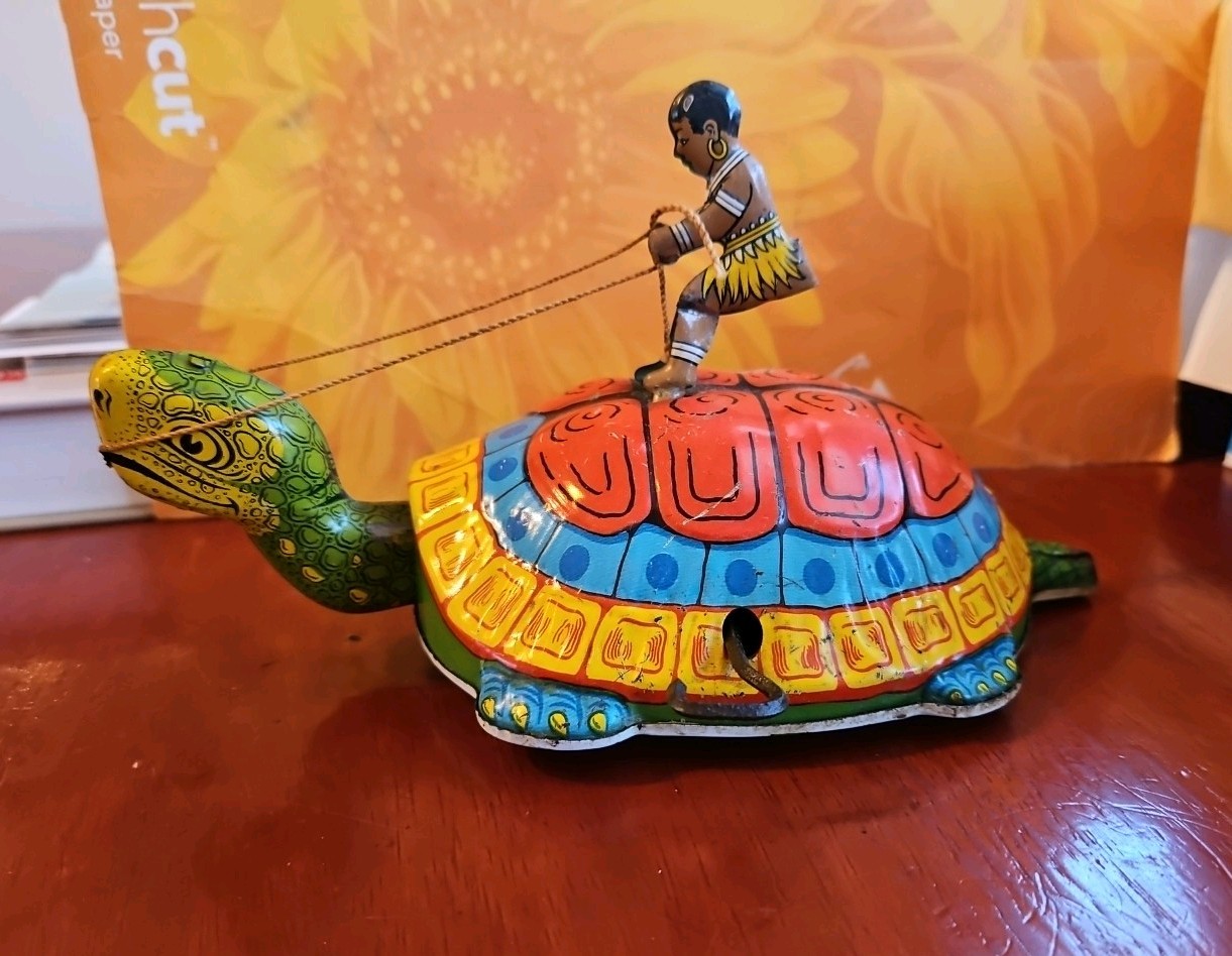 Vintage Antique Tin Toy Wind Up Chein Person Rides Giant Turtle Tortoise Display