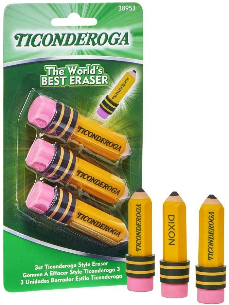 TICONDEROGA Erasers, Pencil Shaped, Latex-Free, Yellow, 1-3pak (38953)