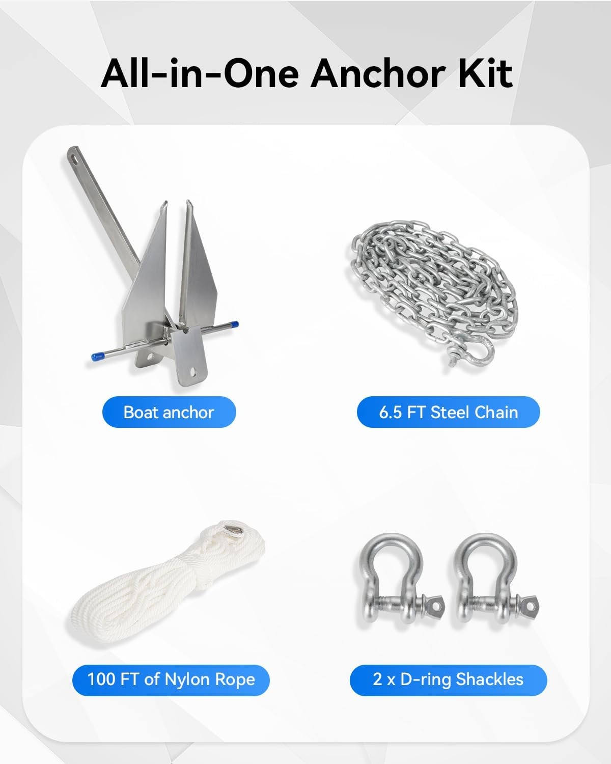 13 lb Galv Fluke Anchor Kit 100ft Rope 6.5ft Chain 2 Shackles for 20-32ft Boats