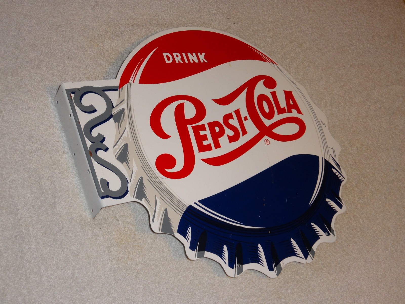VINTAGE DRINK PEPSI COLA DIECUT 14" METAL SODA POP GASOLINE OIL FLANGE SIGN M173