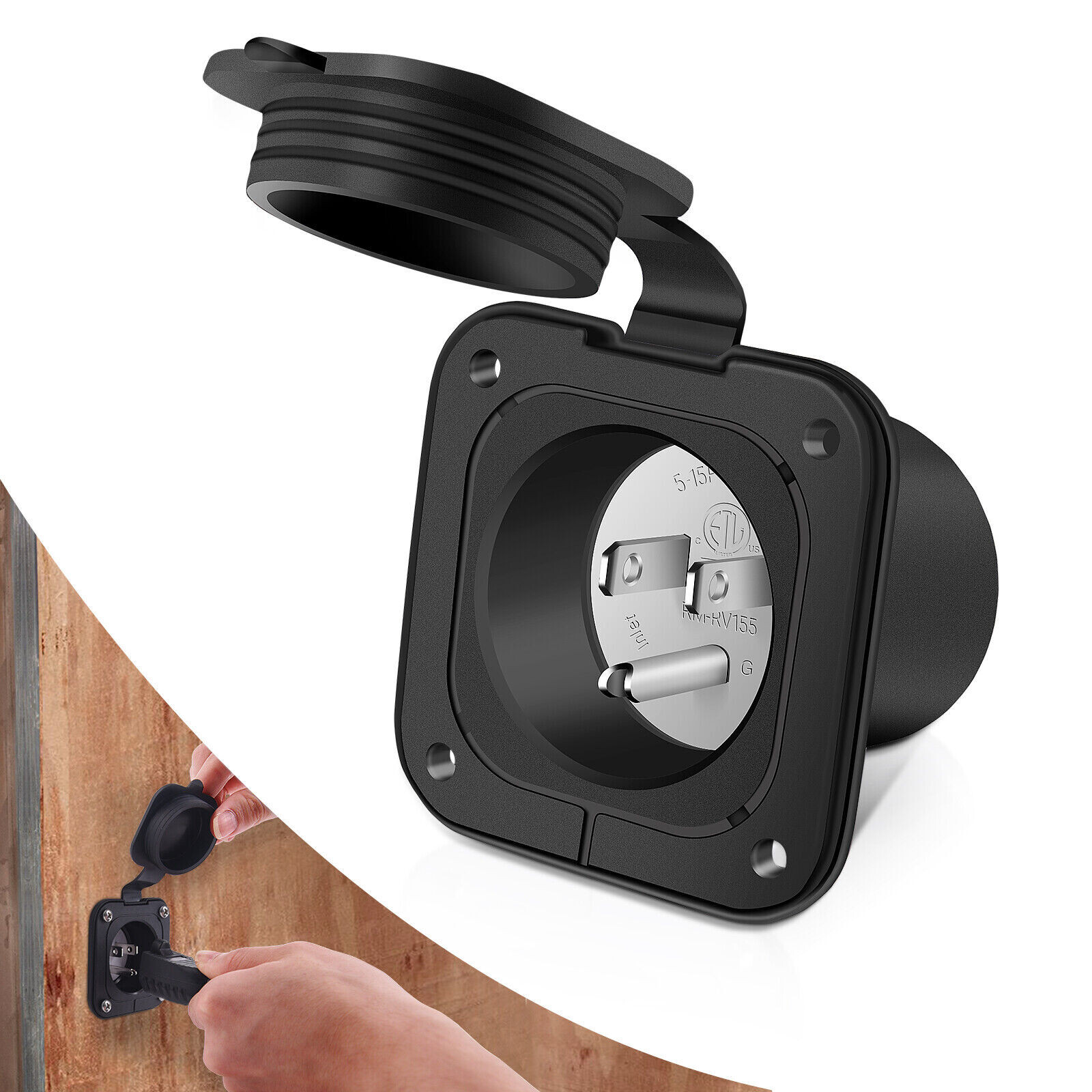 15 Amp Flanged Inlet 125V NEMA 5-15 RV Shore Power Inlet Plug w/Waterproof Cover