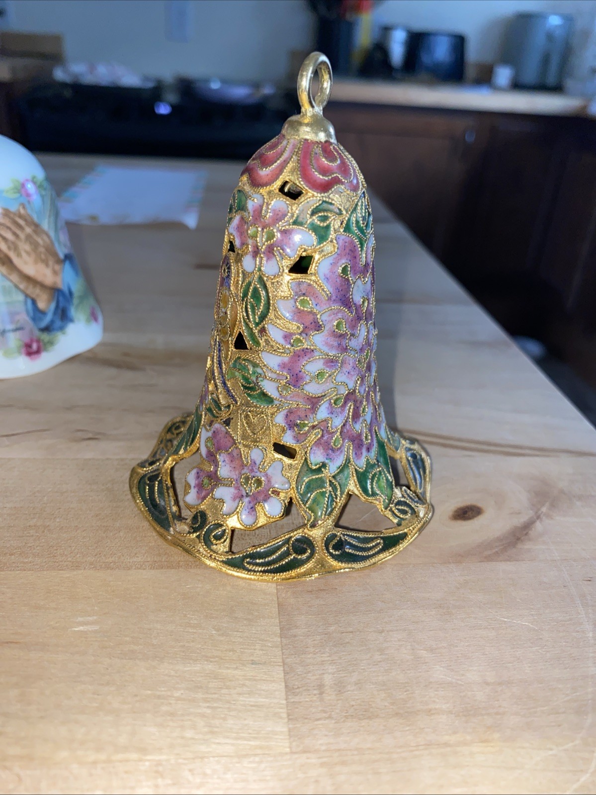 Chinese cloisonné bell W/Gold Trim, Ribbon, Pink Green Painted Design