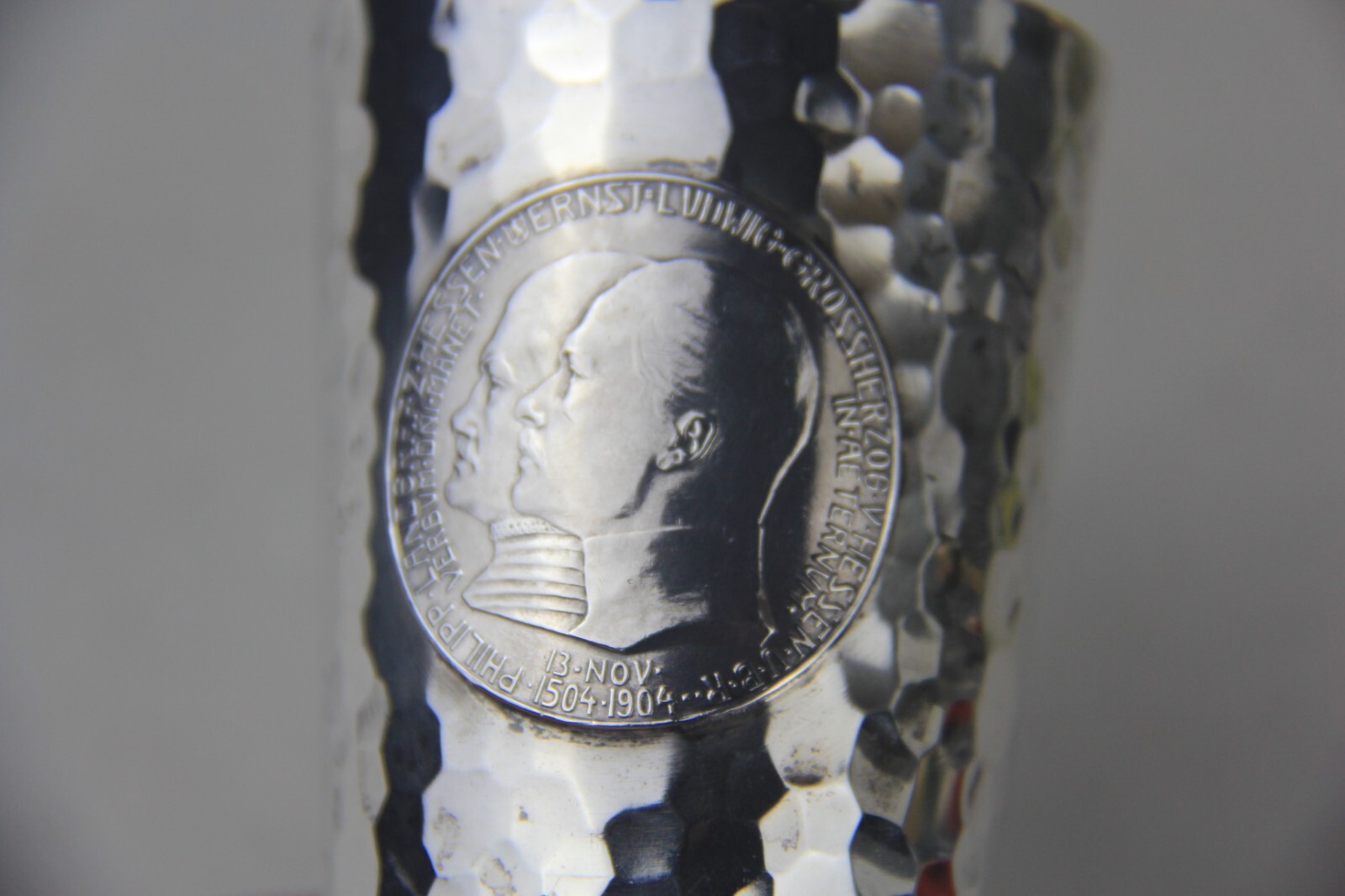 1904 German Hammered 800 Silver Beaker w/Hesse-Darmstadt 5 Mark Coin Attached