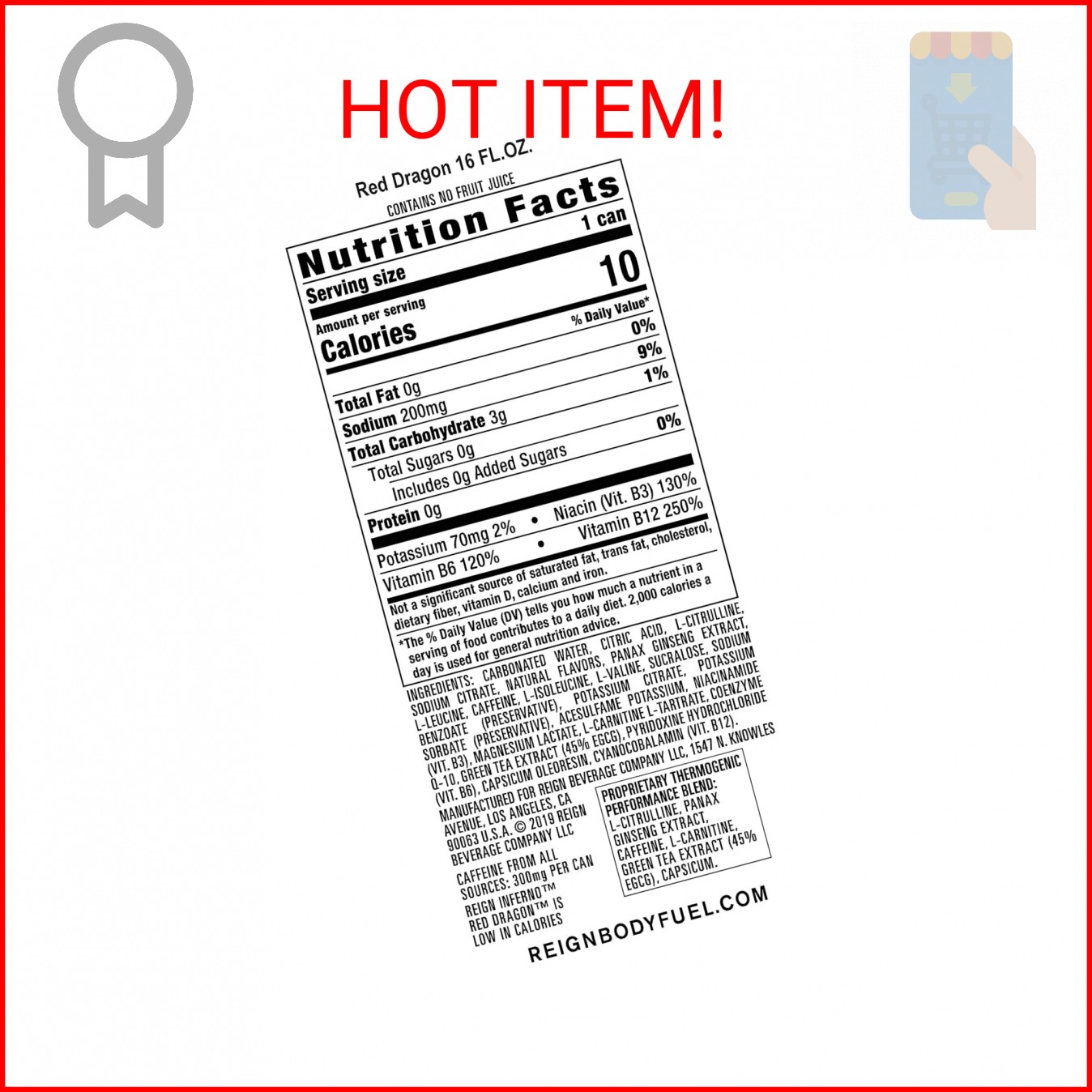 Reign Inferno Red Dragon, Thermogenic Fuel, Fitness and Performance Drink, 16 Fl