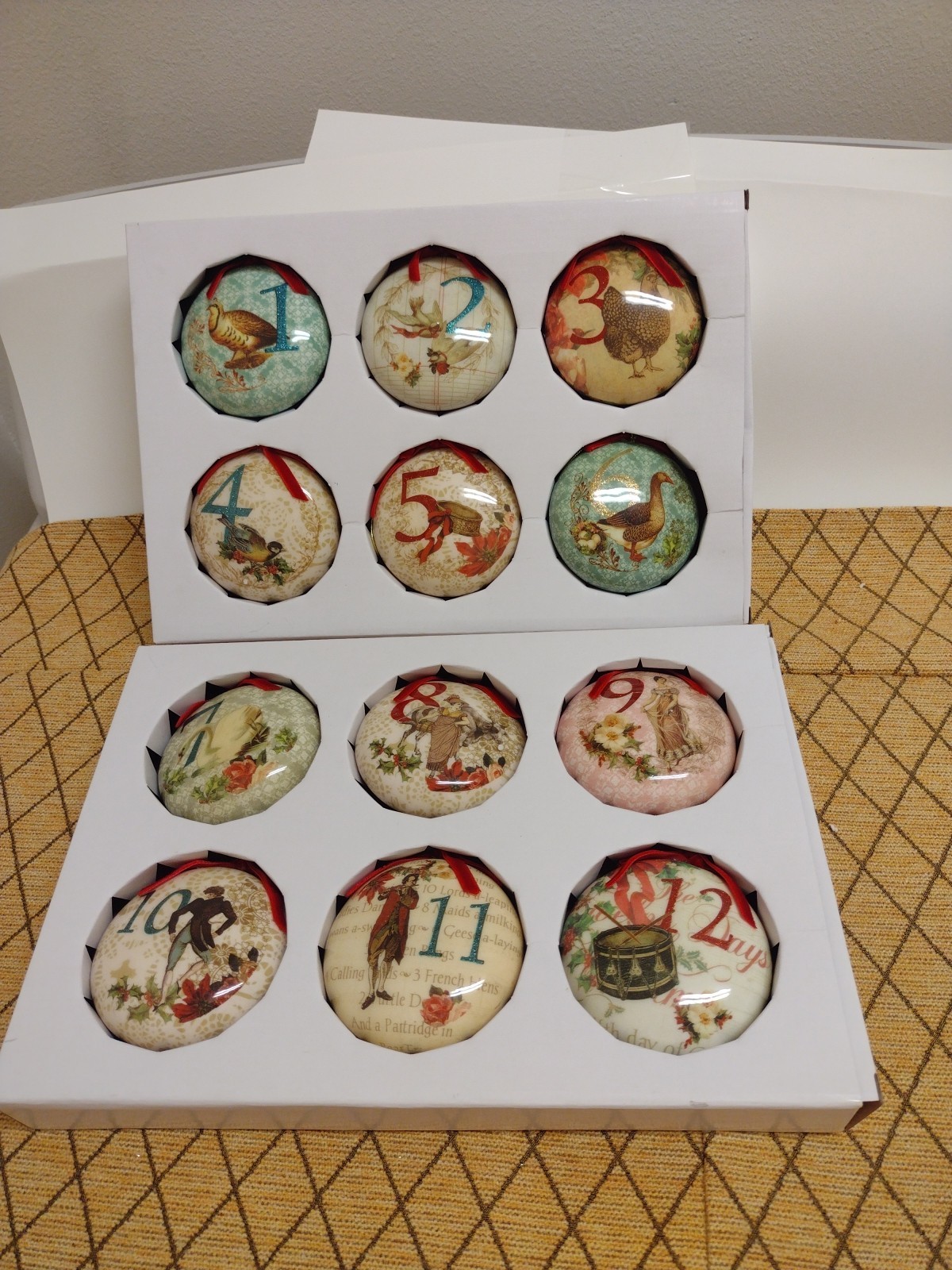 Kurt Adler Decoupage Plastic Ornaments 12 Days of Christmas 3.5"Boxed New Open