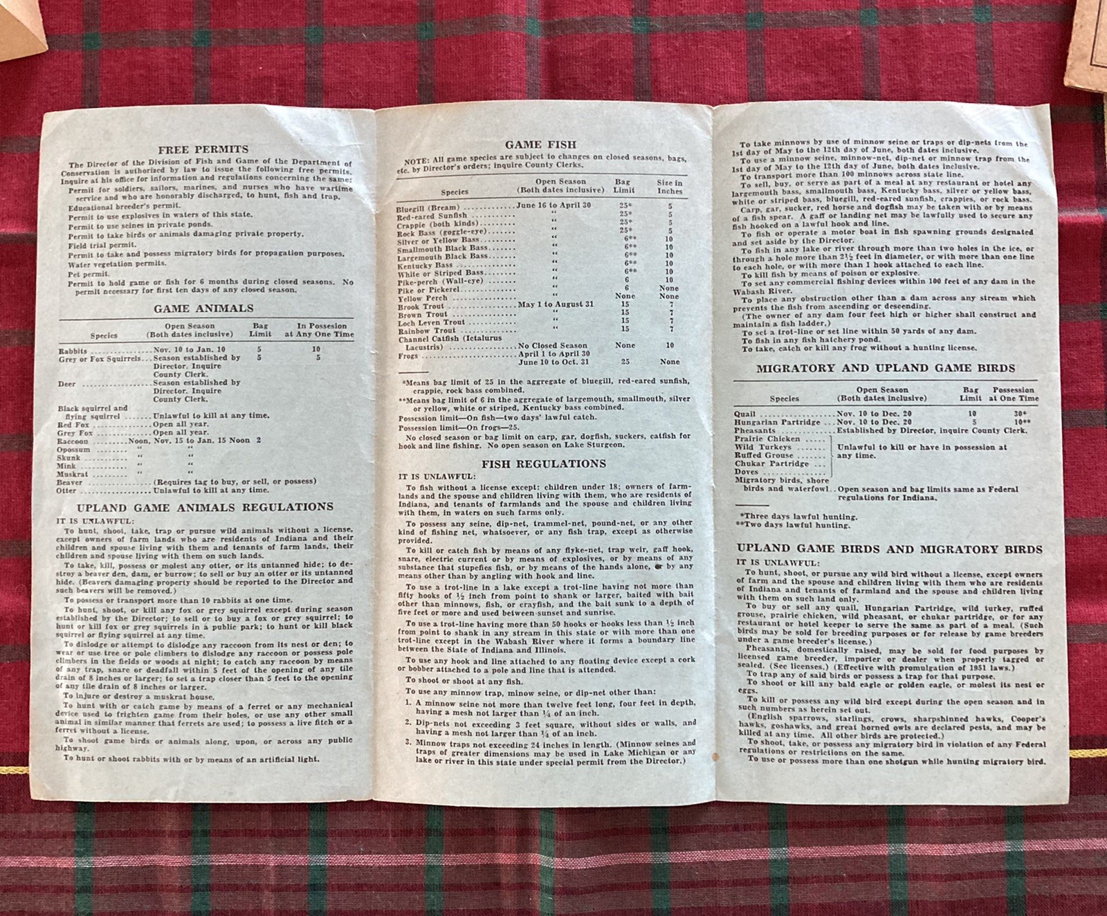 3 Vintage Indiana Department of Conservation Fish&Game Laws 1937-38,41-42,51-52