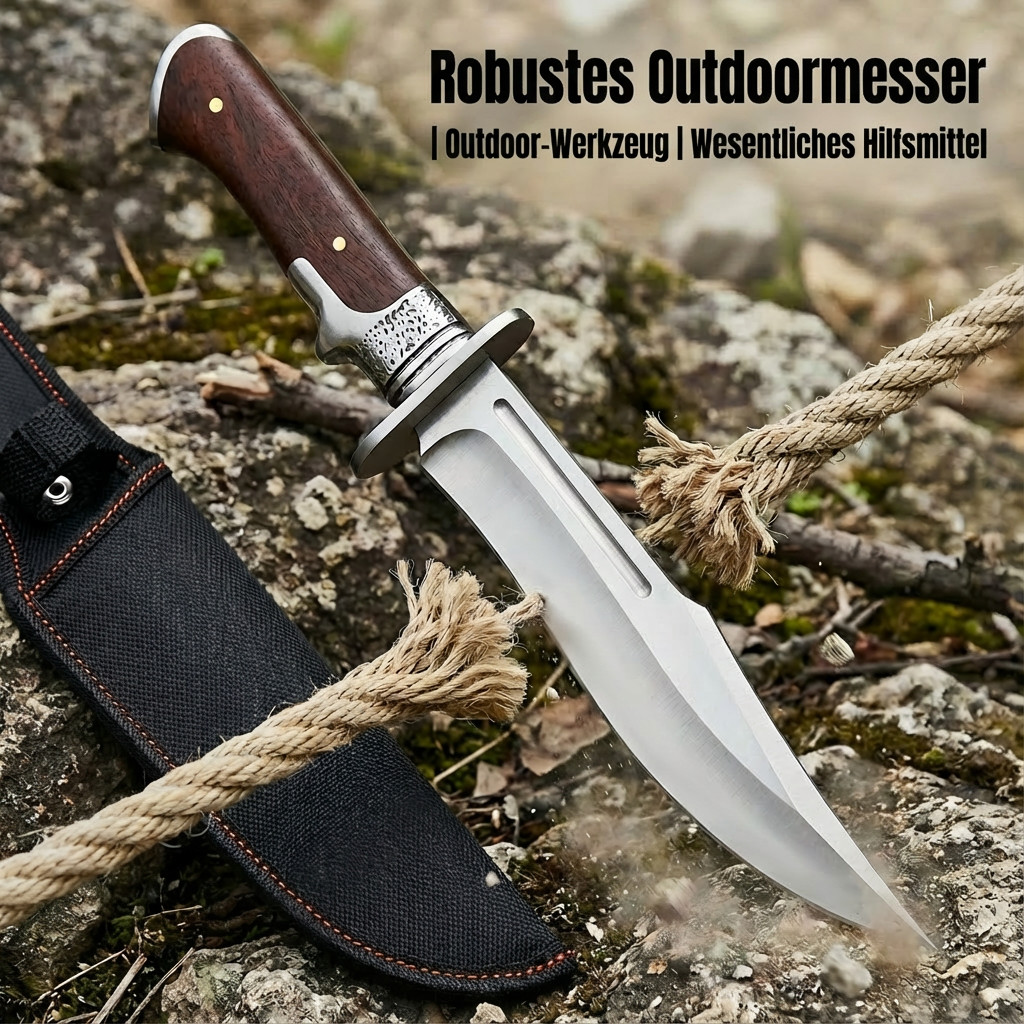 Outdoor Bowie Fixed Blade Knife with Wood Handle and Sheath