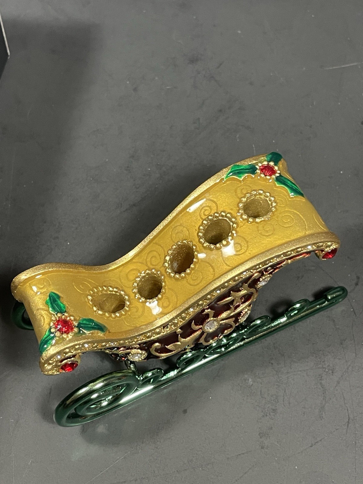 Bejeweled Bombay Christmas Sleigh w Cocktail Picks Forks Enameled In Box