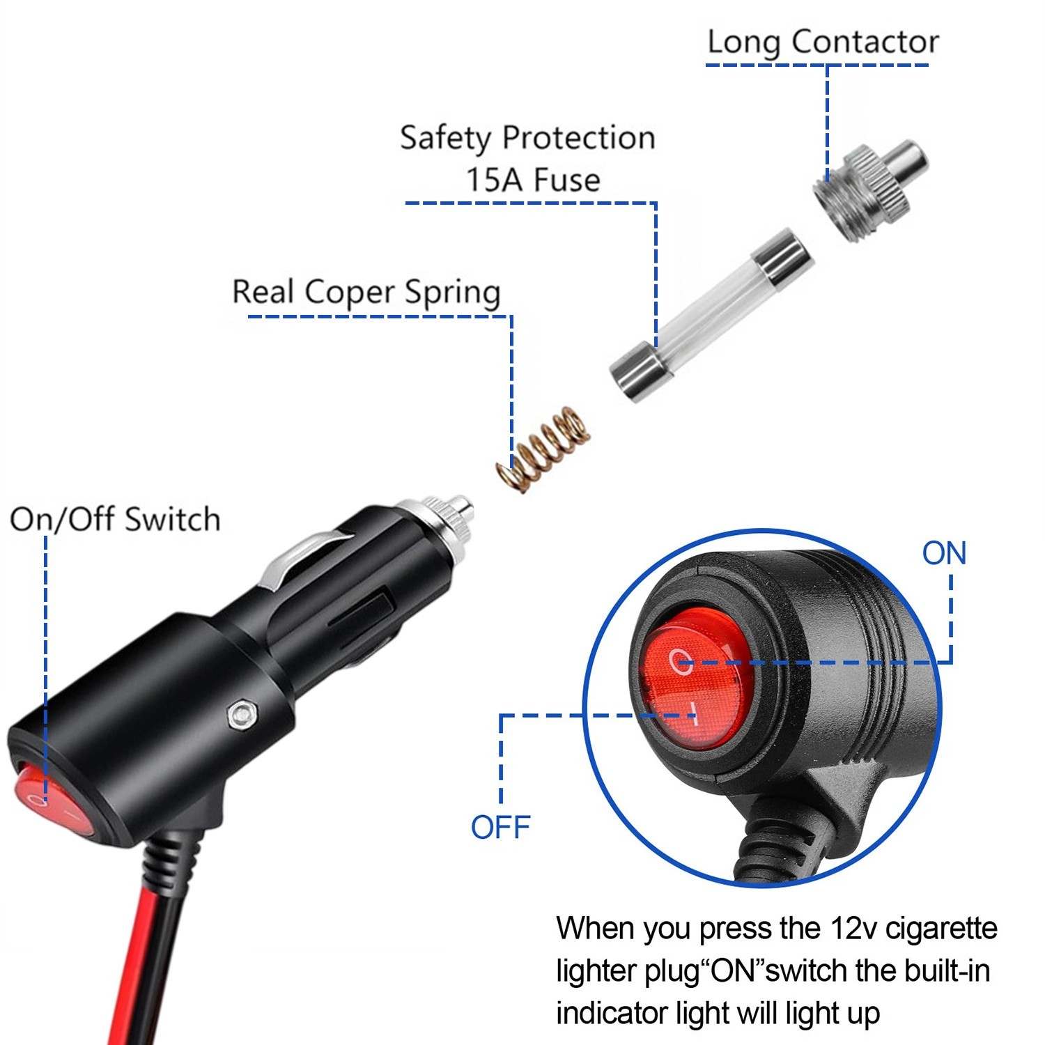 2pcs 12-24V Fused LED Car Cigarette Lighter Plug Socket Cable Adapter w/ Switch