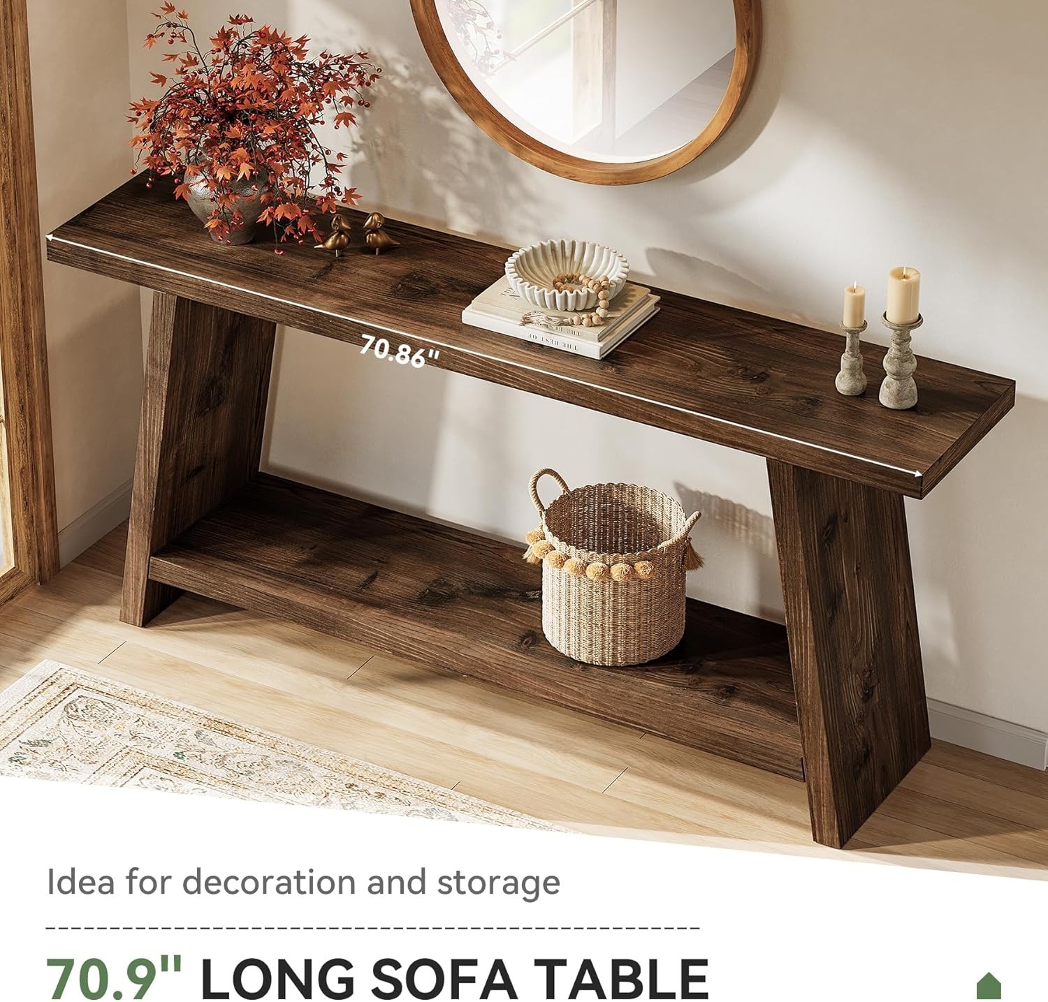 70.9 Inch Solid Wood Console Table 2-Tier Farmhouse Narrow Entryway Sofa Table