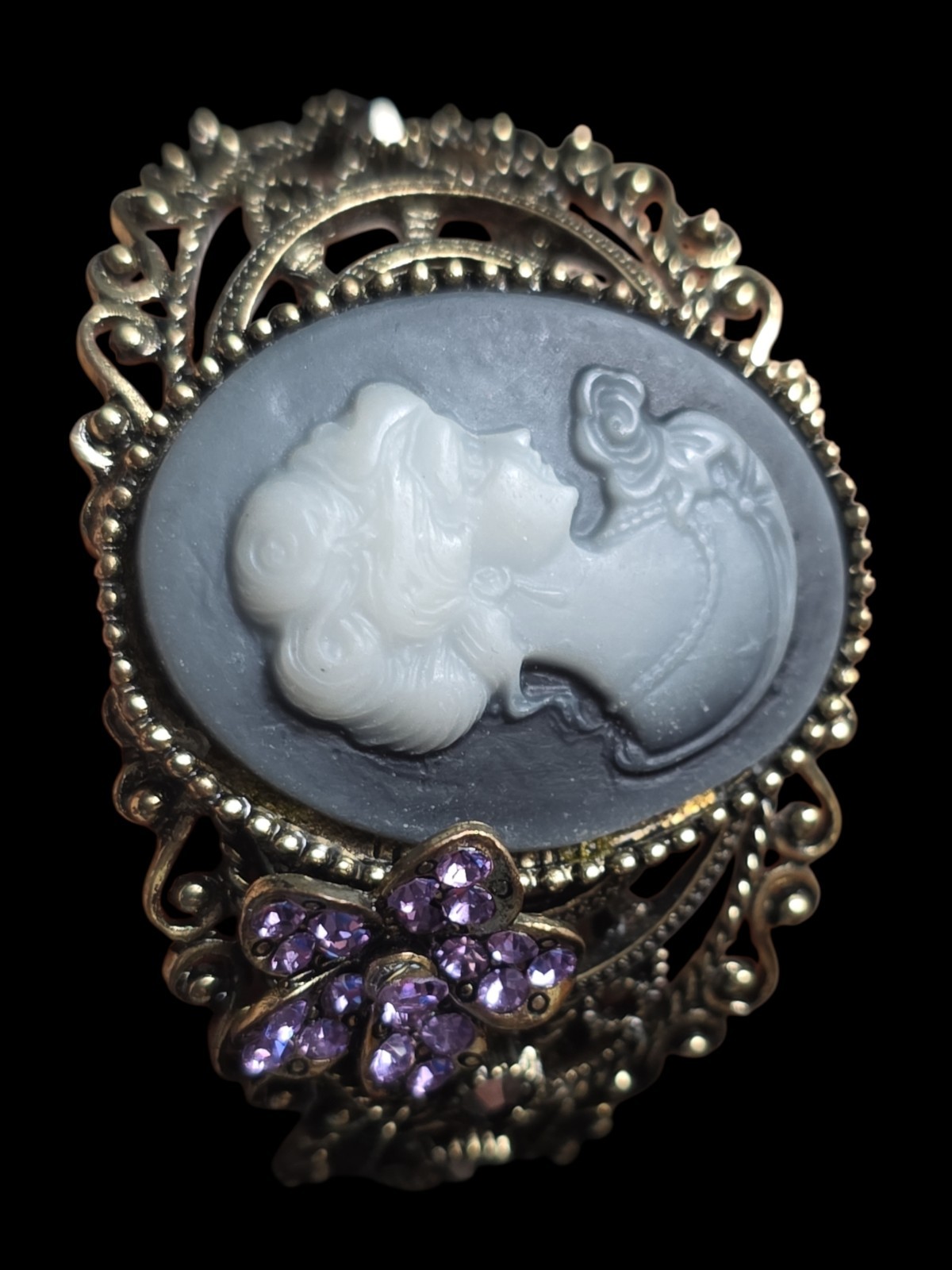 Vintage Victorian Rivival Cameo Rhinstone Large Cuff Bracelet