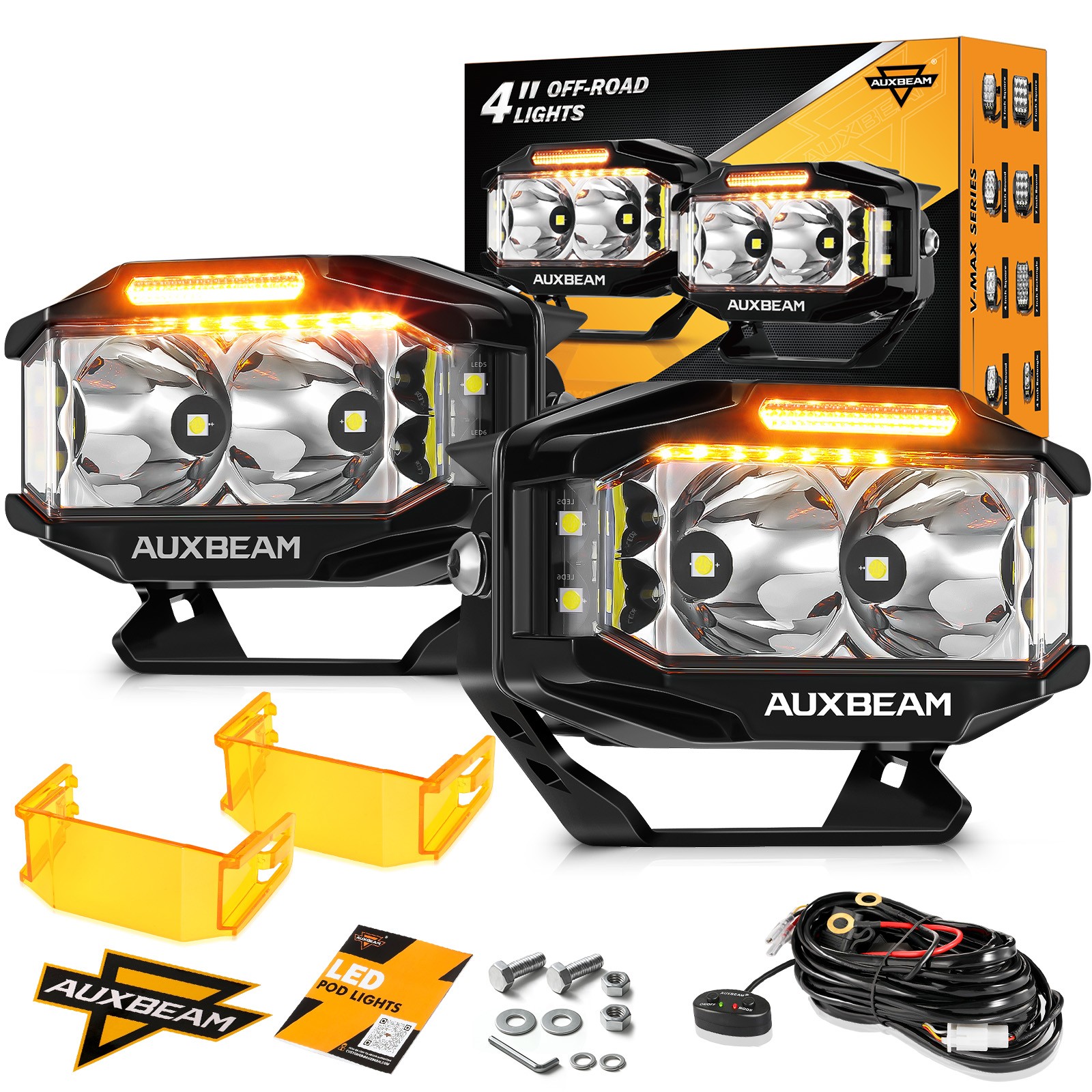 Auxbeam 4" LED Driving Light Combo Spotlights Pod Side Shooter Amber DRL&Harness