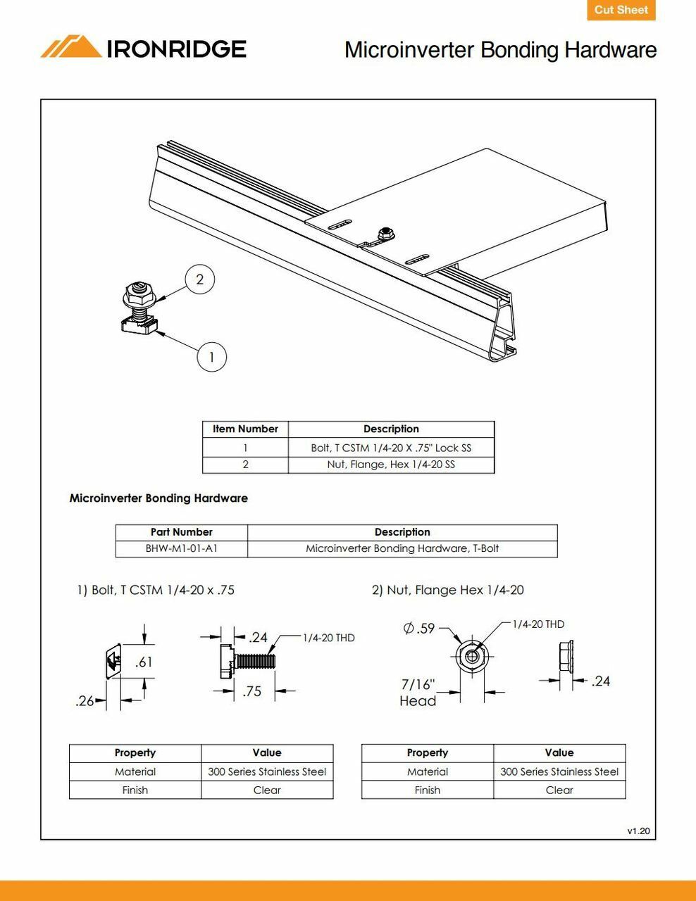 IronRidge BHW-M1-01-A1 Microinverter Mounting T-Bolt 1/4 x 3/4