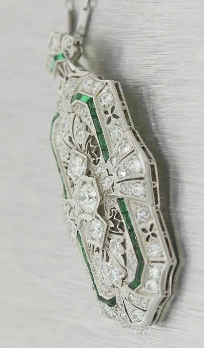 2.95Ct Art Deco Style Diamond & Emerald Enagagement Wedding 925 Silver Pendant