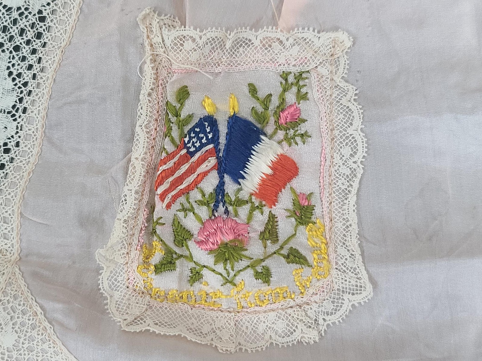 WWI Souvenir of France Silk Apron Allies Liberation Sweetheart Lace Duck Vintage
