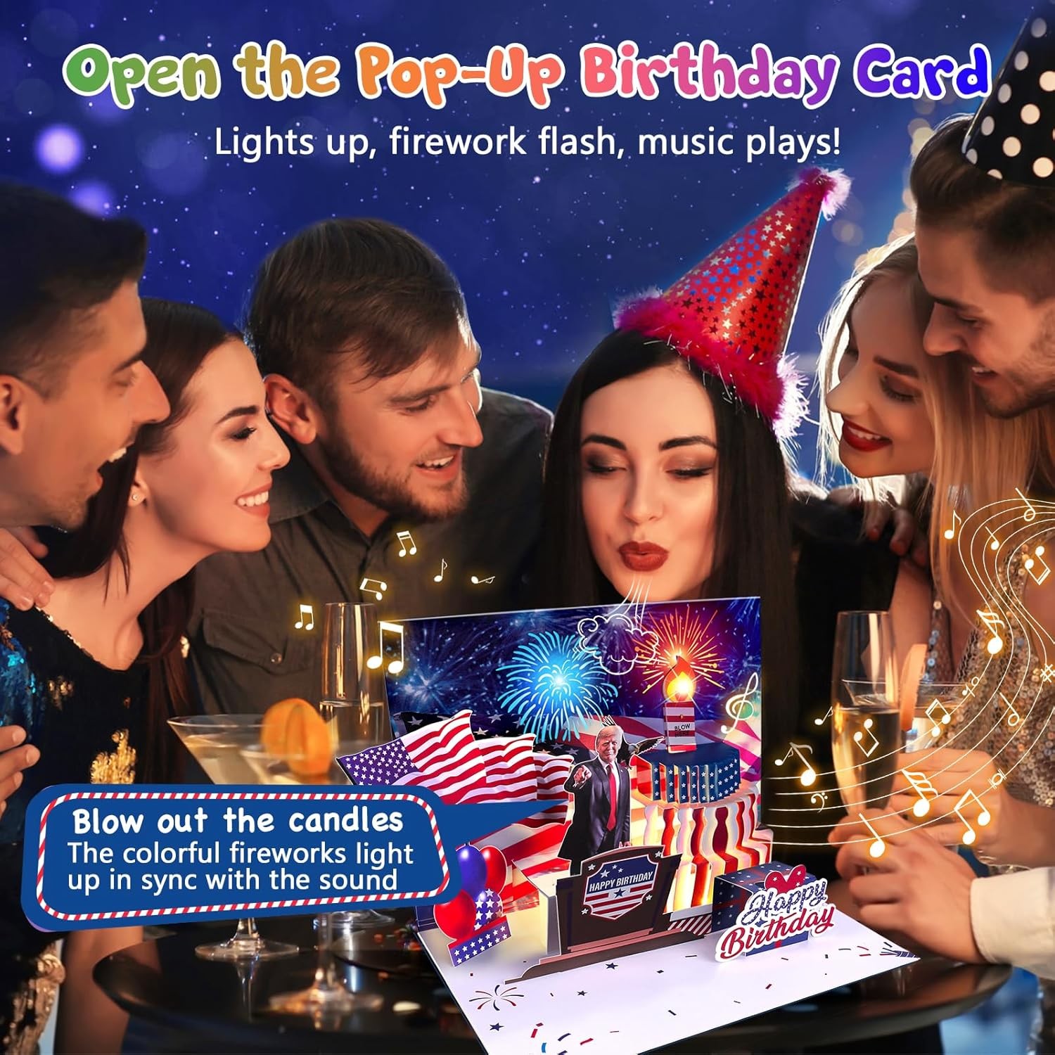 Birthday Card, Musical Pop Up Greeting Cards w Light, Blow Out Candle & Play Hap
