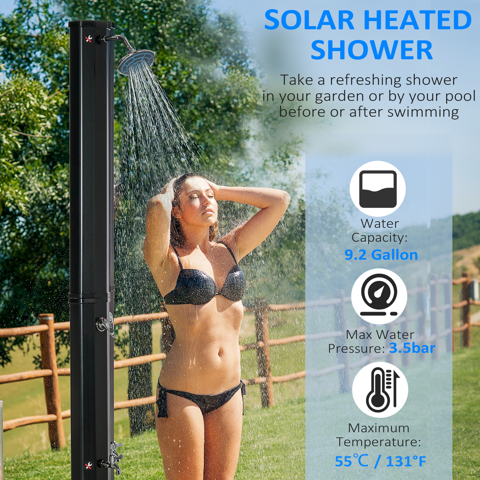 Outdoor Solar Shower w/ Hot and Cold Adjustment for Poolside Beach Pool Spa